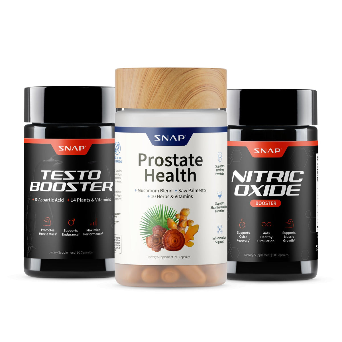 Snap Supplements vista frontal del paquete mostrando los tres frascos y beneficios