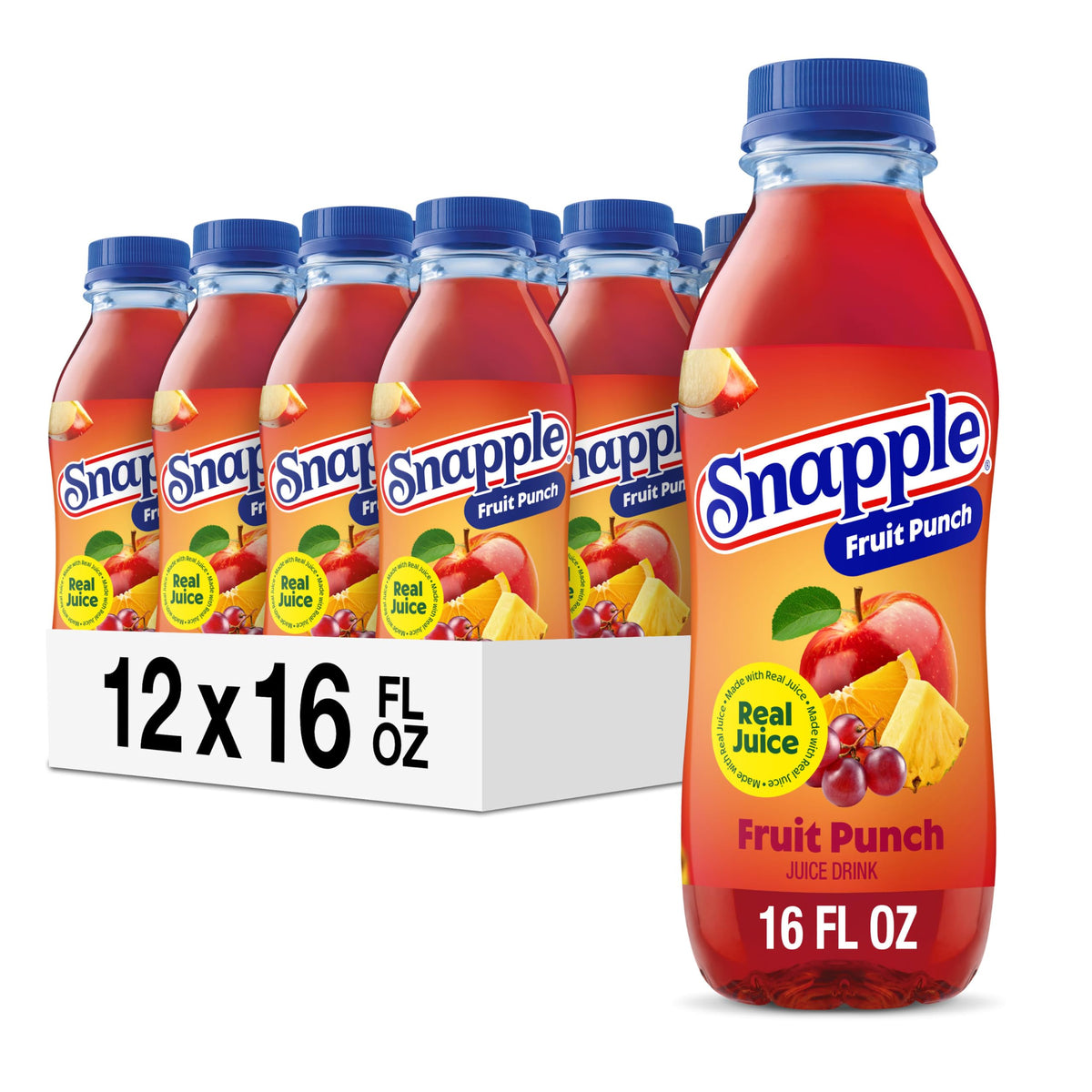 Snapple botella frontal pack de 12 mostrando marca y conveniencia