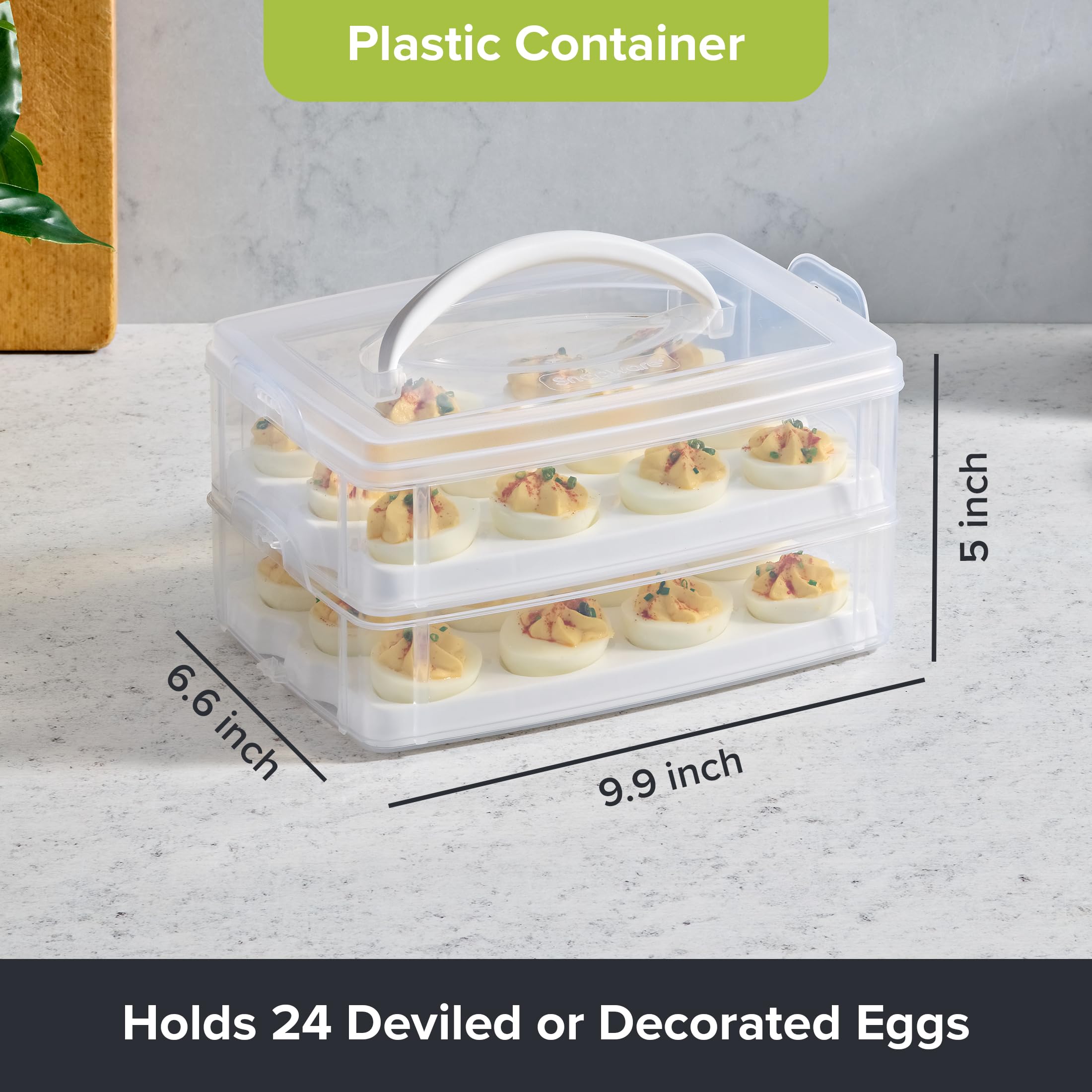 Detalle de bandeja Snapware con cavidades para huevos que evita roturas durante traslado