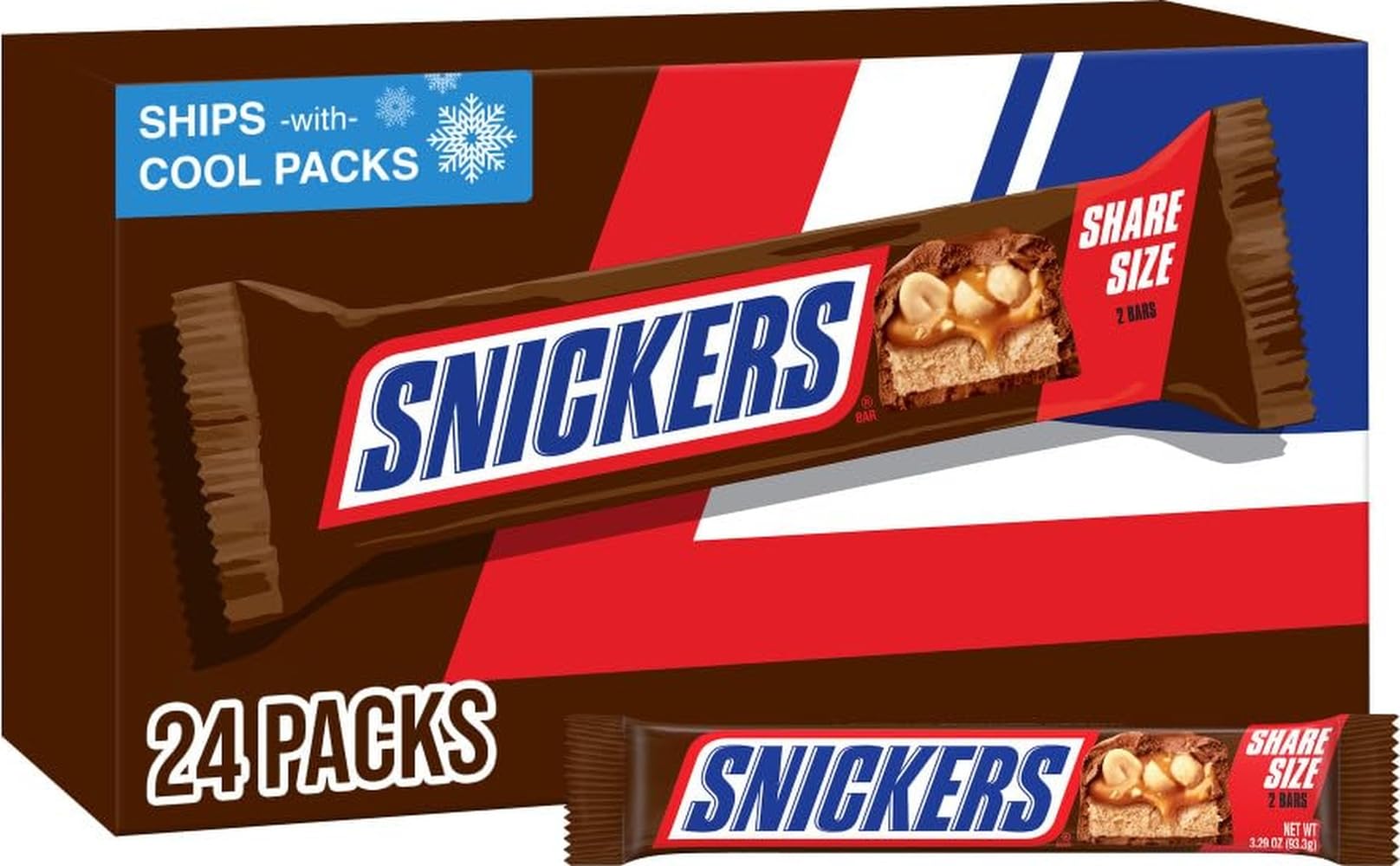 Snickers vista frontal del empaque con diseño claro y porciones para compartir