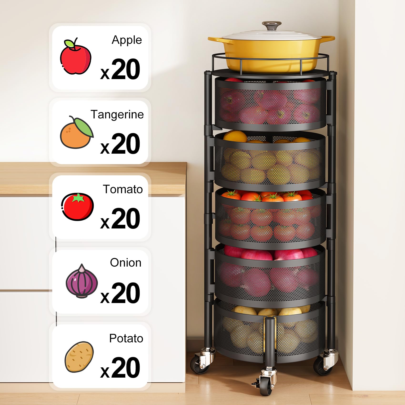 SNTD carrito en cocina con frutas, acceso cómodo desde cualquier ángulo