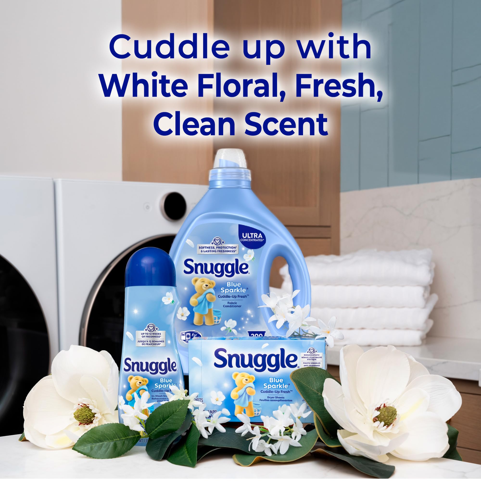Comparación de tamaño 80 oz Snuggle resaltando rendimiento 200 cargas