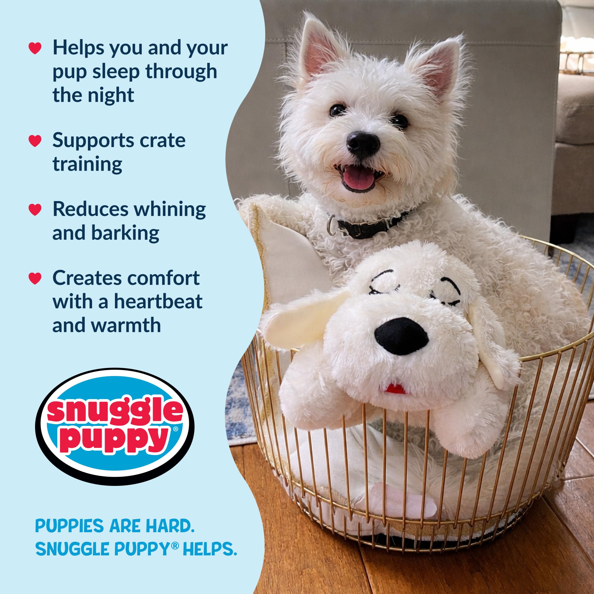 Snuggle Puppy dentro de jaula para entrenamiento y tranquilidad en viajes