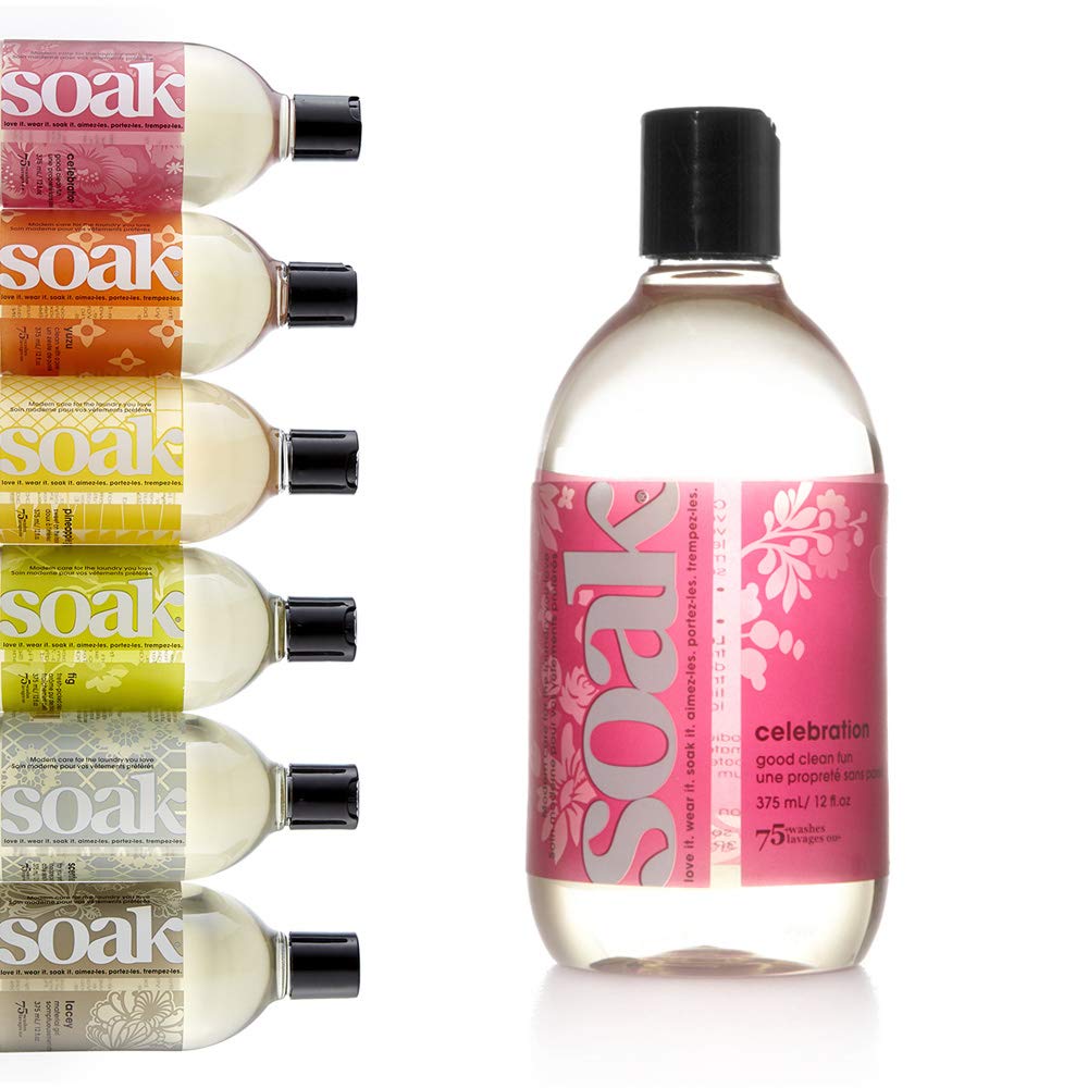 Soak frontal con diseño Celebration mostrando botella y etiquetado, beneficio: identificación fácil