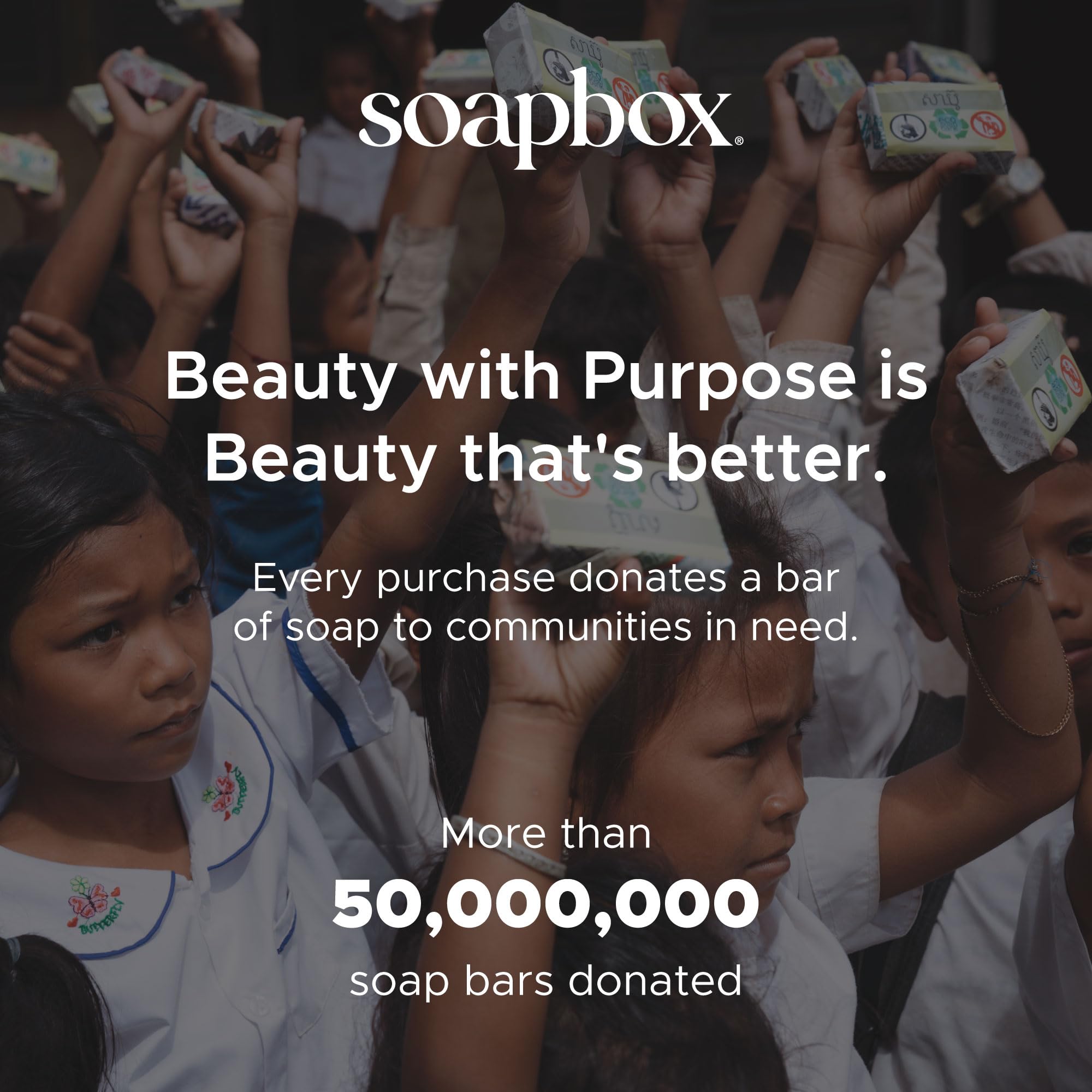 Empaque Soapbox con énfasis en donaciones y sostenibilidad visible