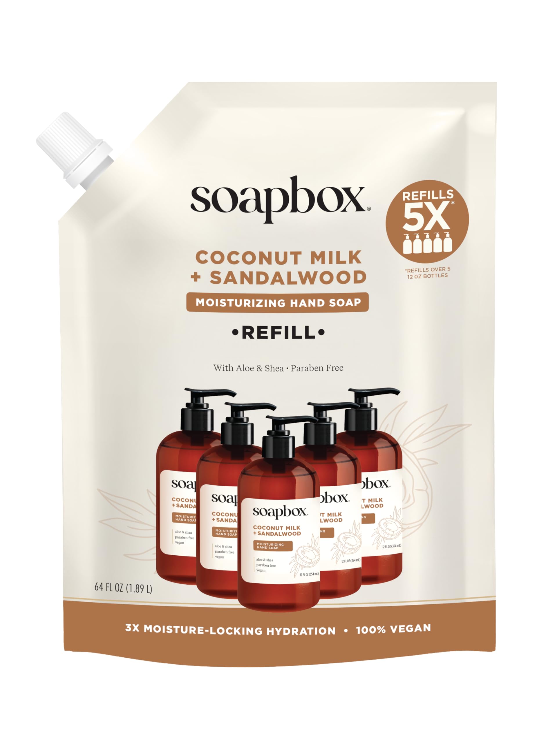 Soapbox envase frontal de 64oz mostrando etiqueta clara y beneficio hidratante