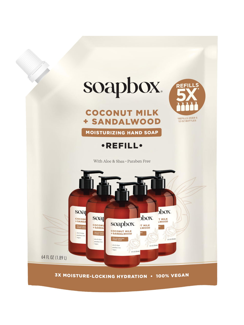 Soapbox envase frontal de 64oz mostrando etiqueta clara y beneficio hidratante