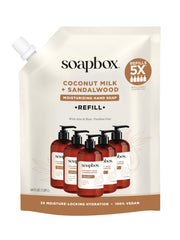 Soapbox envase frontal de 64oz mostrando etiqueta clara y beneficio hidratante