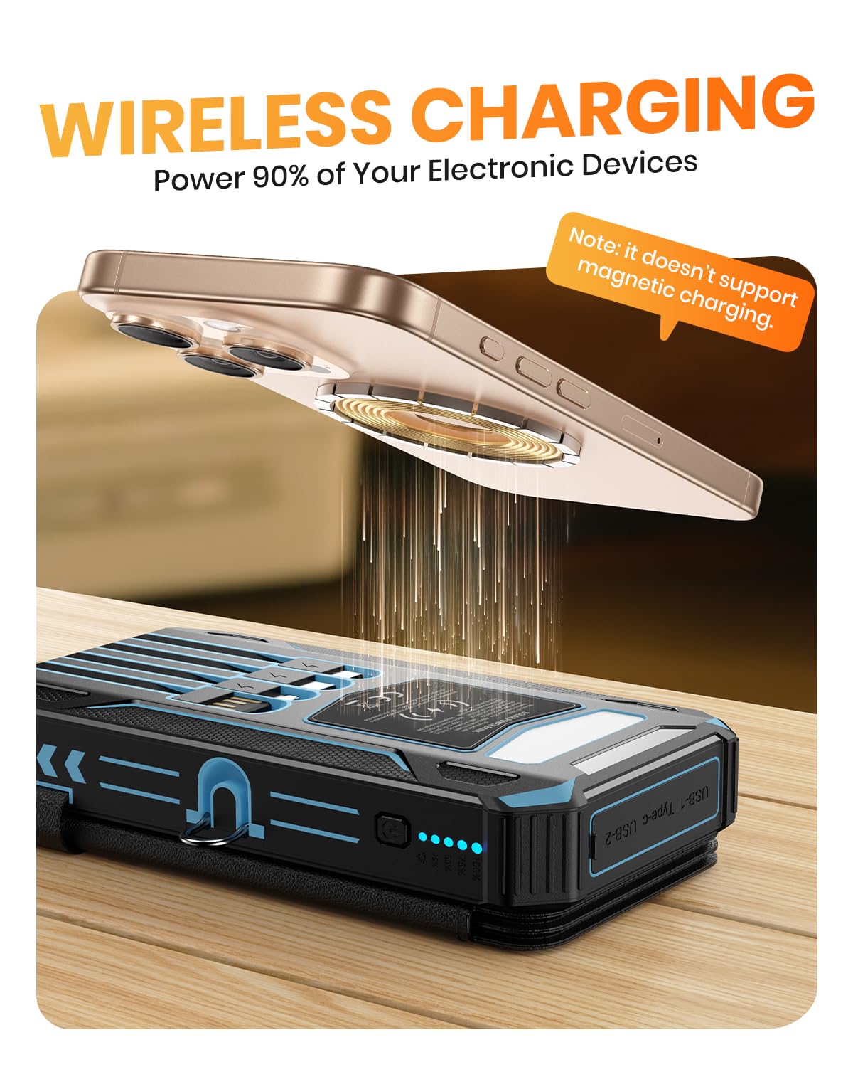 SOARAISE comparación de tamaño con teléfono, indica portabilidad y capacidad