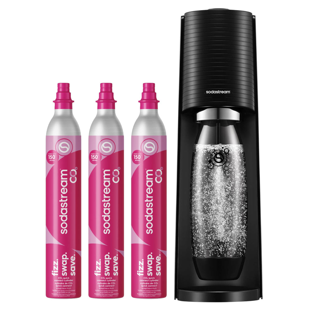 sodastream TERRA frontal del paquete mostrando máquina y botella lista