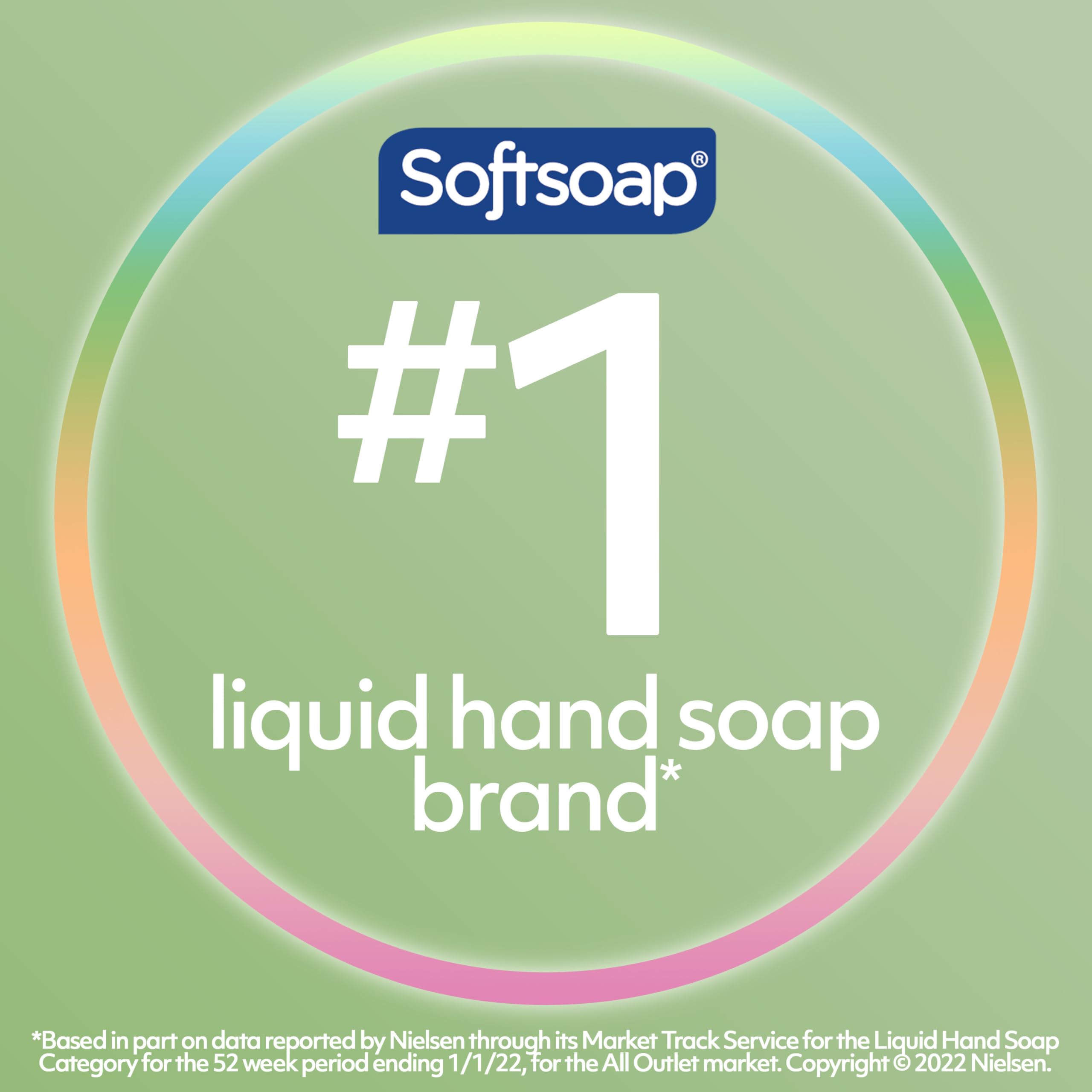Softsoap botella junto a mano que muestra tamaño práctico