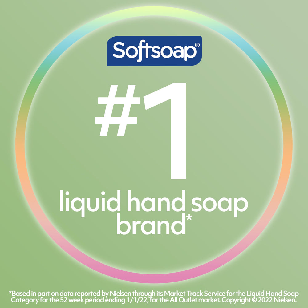 Softsoap botella junto a mano que muestra tamaño práctico