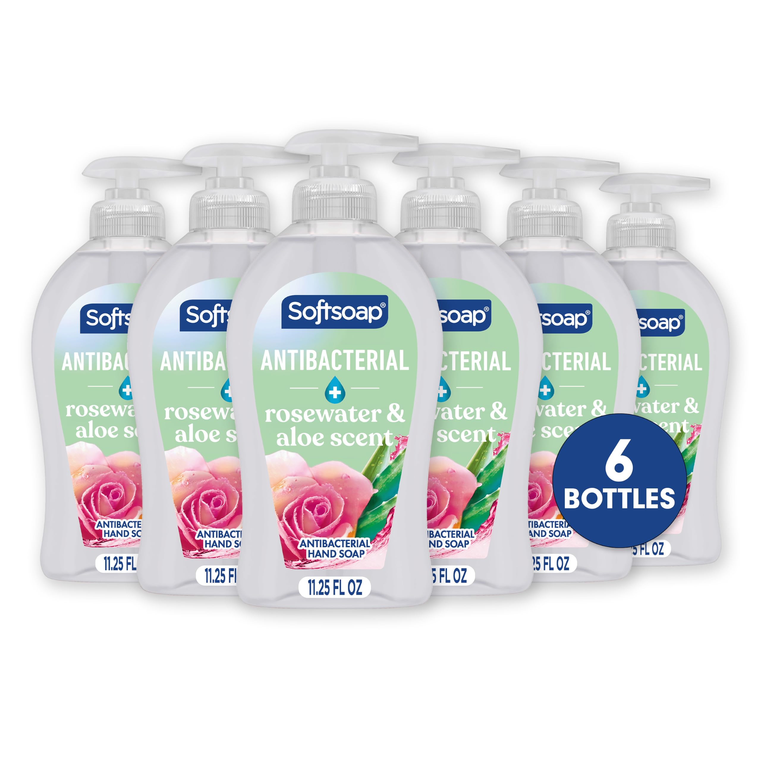 Softsoap botella frontal con fragancia rosa y aloe mostrando limpieza eficaz