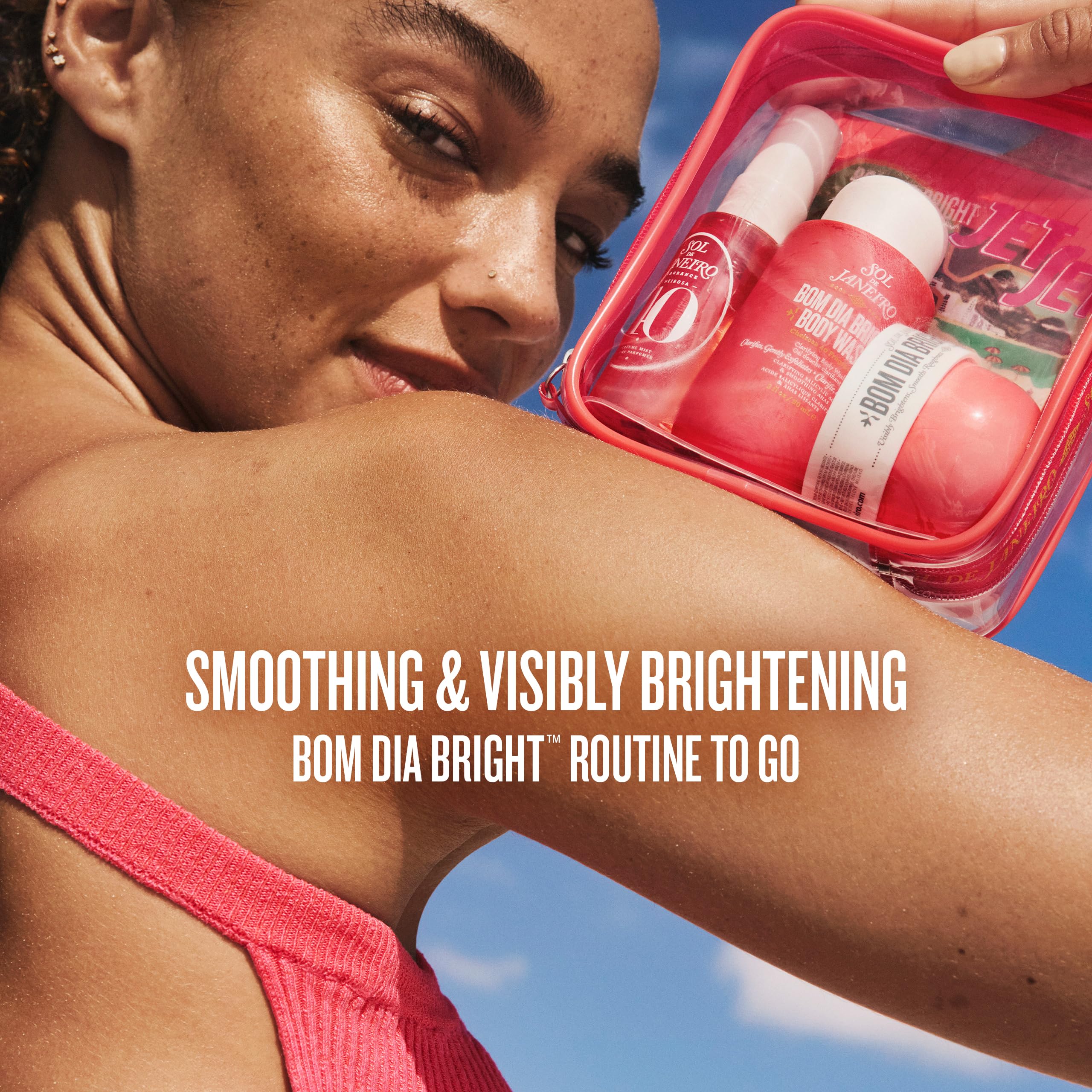 Sol de Janeiro Bom Dia Bright Body Wash frontal en tamaño viaje, limpieza iluminadora