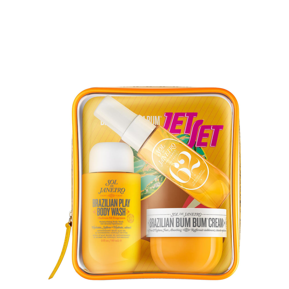 Sol de Janeiro kit frontal mostrando productos viaje y beneficio práctico