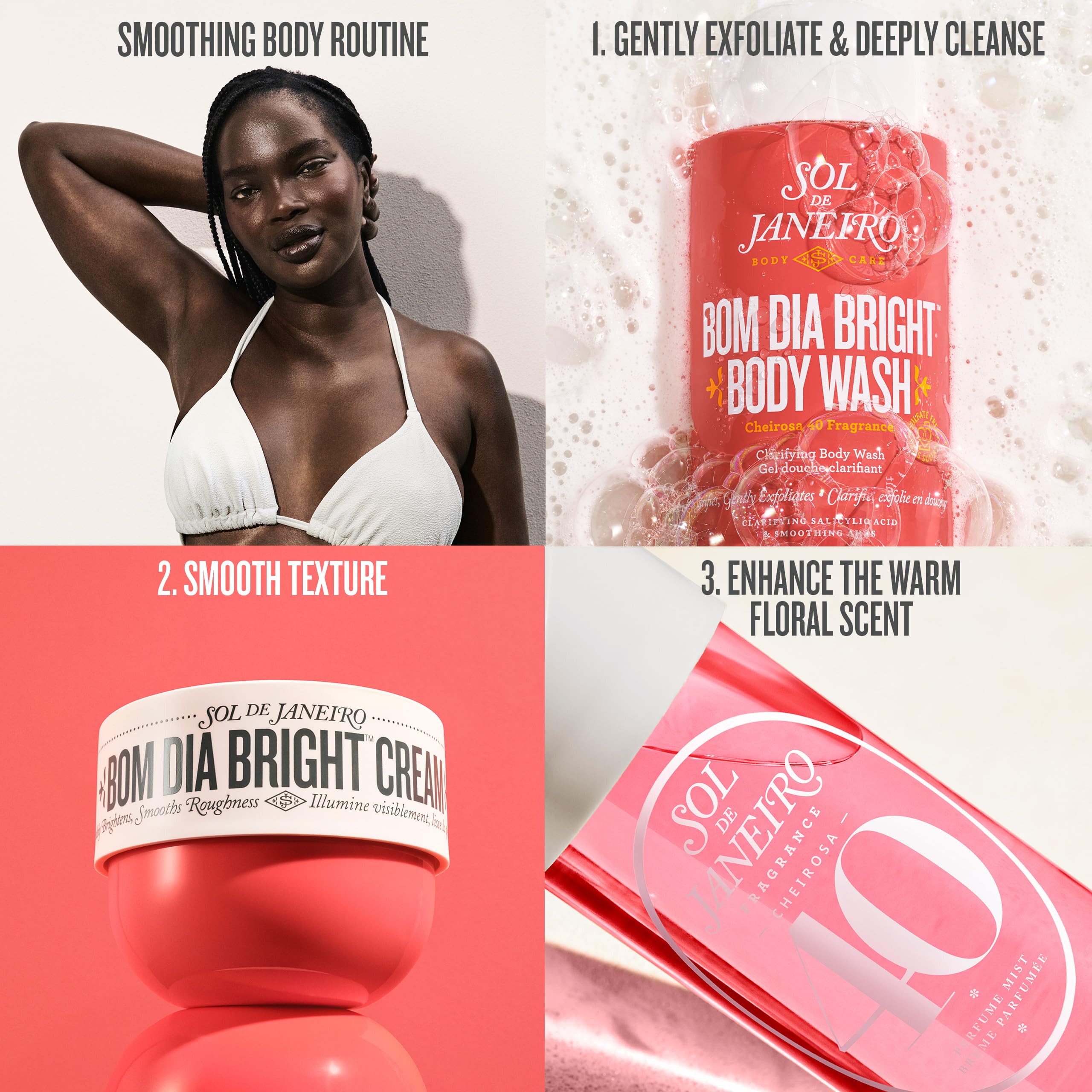 Sol de Janeiro crema Bom Dia en baño iluminado, evoca rutina sensorial y bienestar