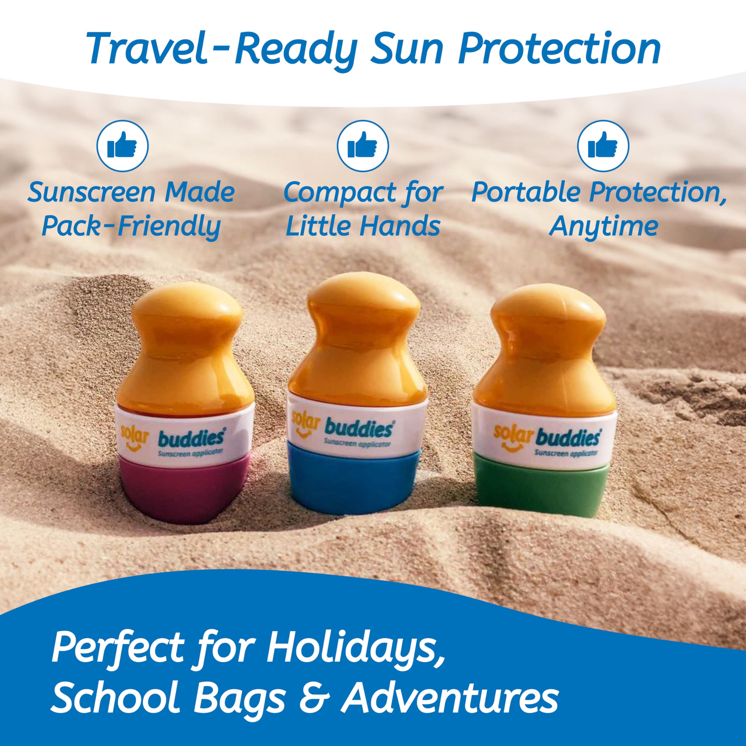 Solar Buddies aplicador guardado en bolso de viaje, tamaño ideal para viajar