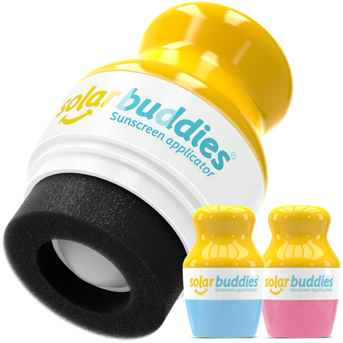 Solar Buddies vista frontal del aplicador azul y rosa, aplicación rápida