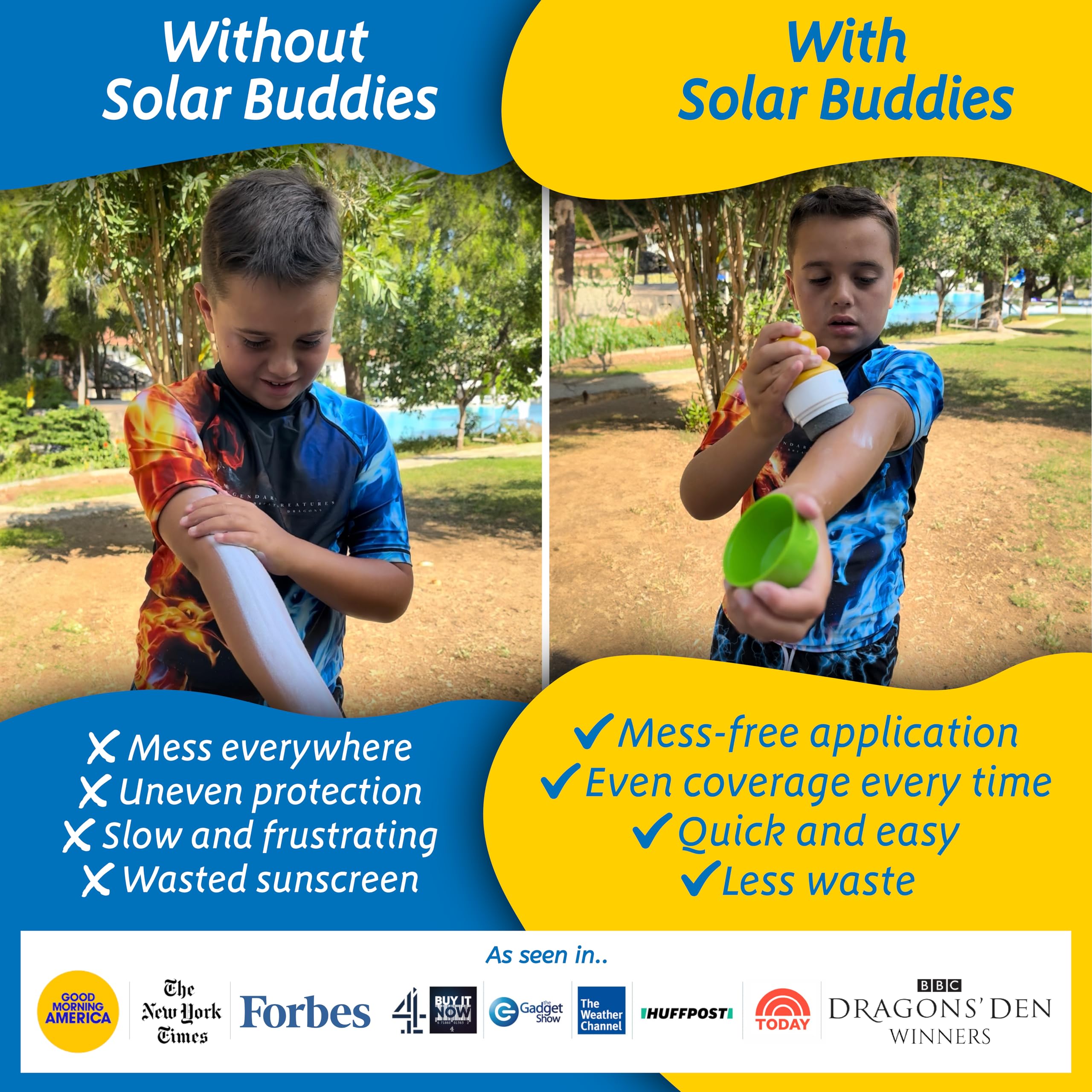 Solar Buddies familia aplicando protector en la playa, uso sencillo y limpio