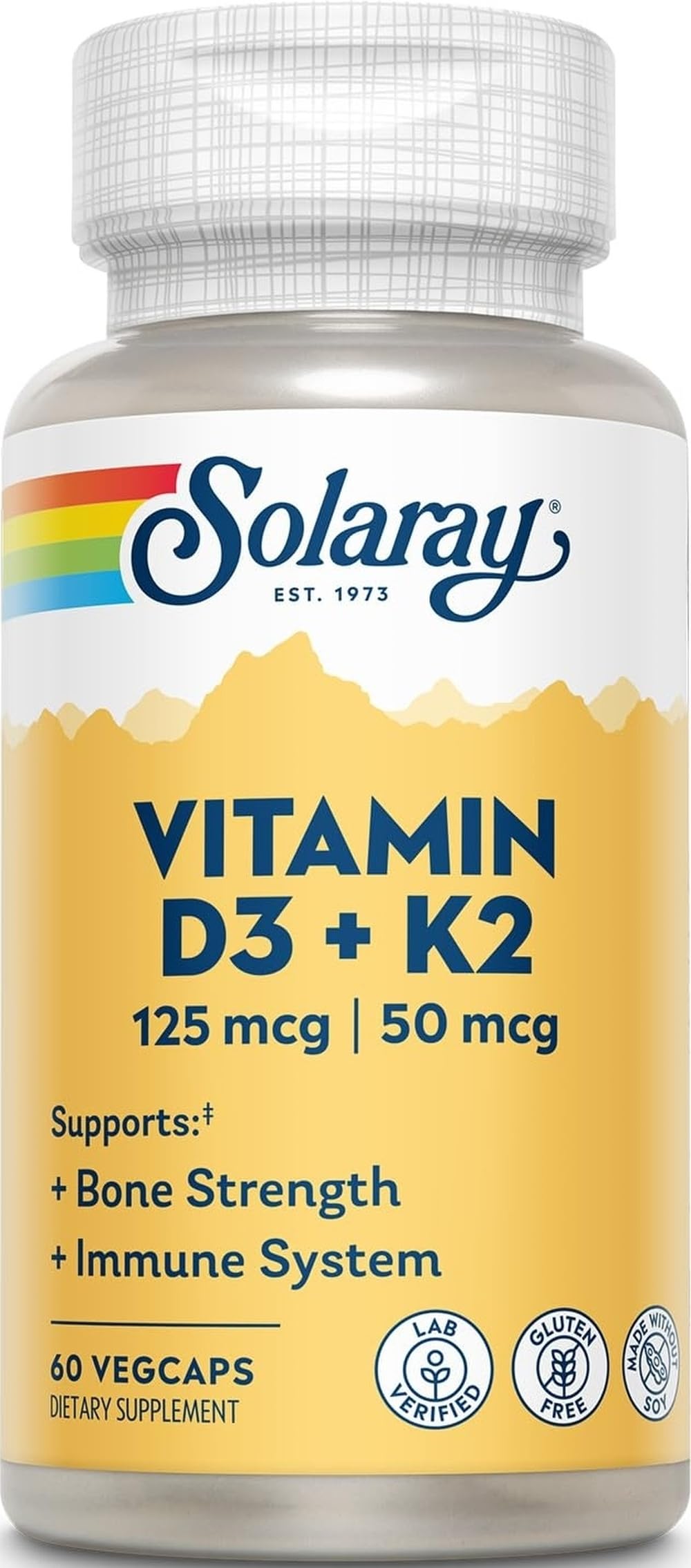 SOLARAY envase frontal con D3 K2 60 VegCaps, presentación clara y profesional