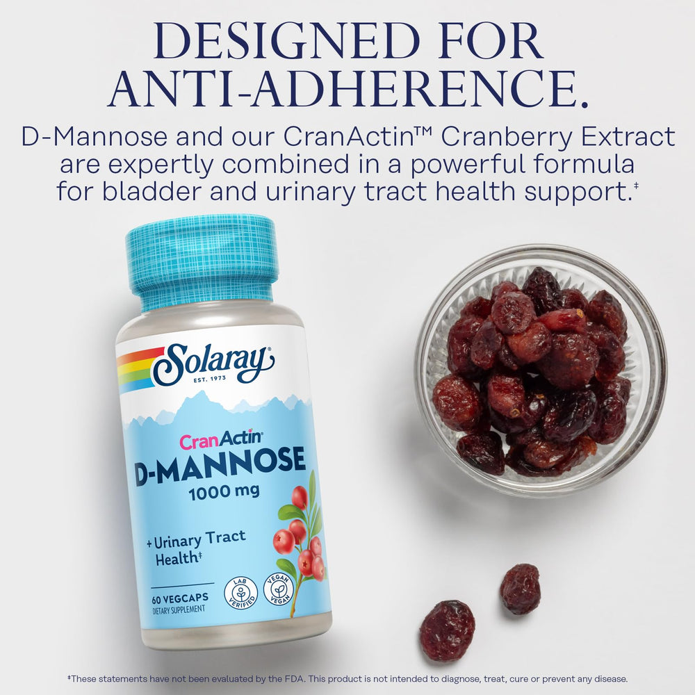 SOLARAY etiqueta con información nutricional que destaca 1000 mg D-Mannose y 400 mg CranActin