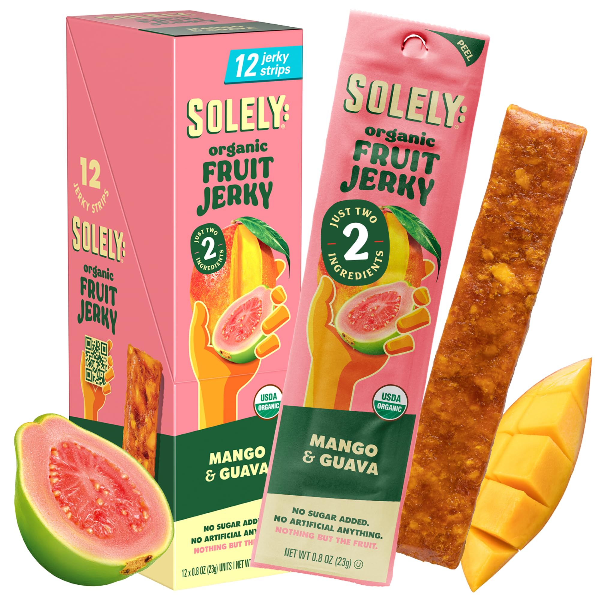 SOLELY empaque frontal de Mango Guava mostrando 12 tiras individuales y conveniencia