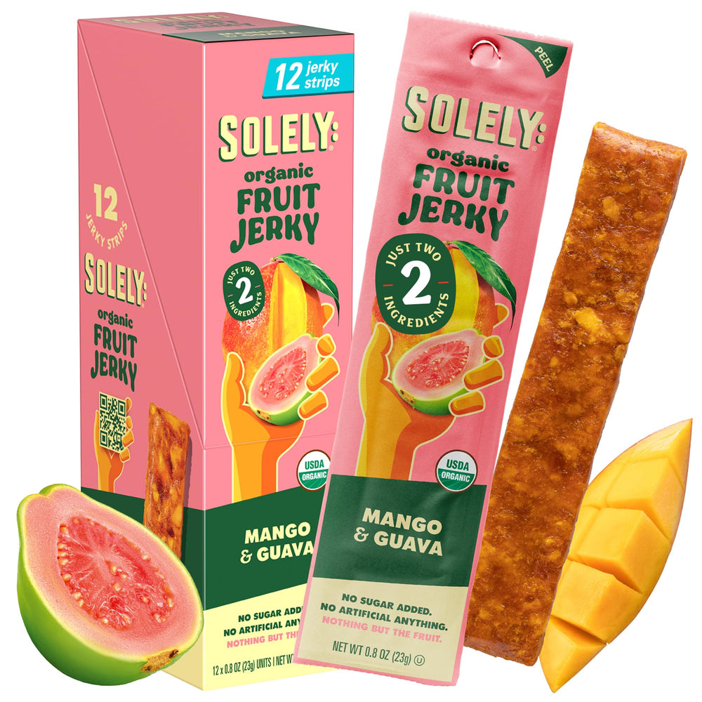 SOLELY empaque frontal de Mango Guava mostrando 12 tiras individuales y conveniencia