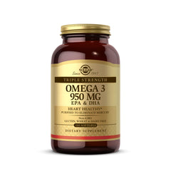 Solgar envase frontal de Triple Strength Omega‑3 950 mg mostrando 100 softgels y claridad