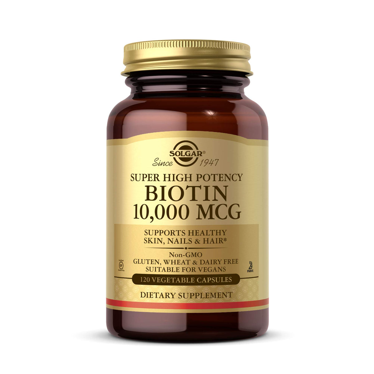Solgar frontal del envase Biotin 10,000 mcg mostrando la marca y beneficio