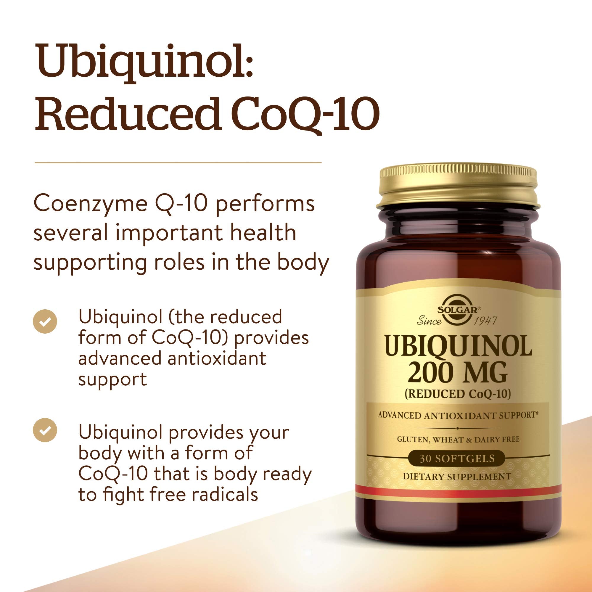 Solgar ubiquinol cápsula en mano para visualizar tamaño y uso