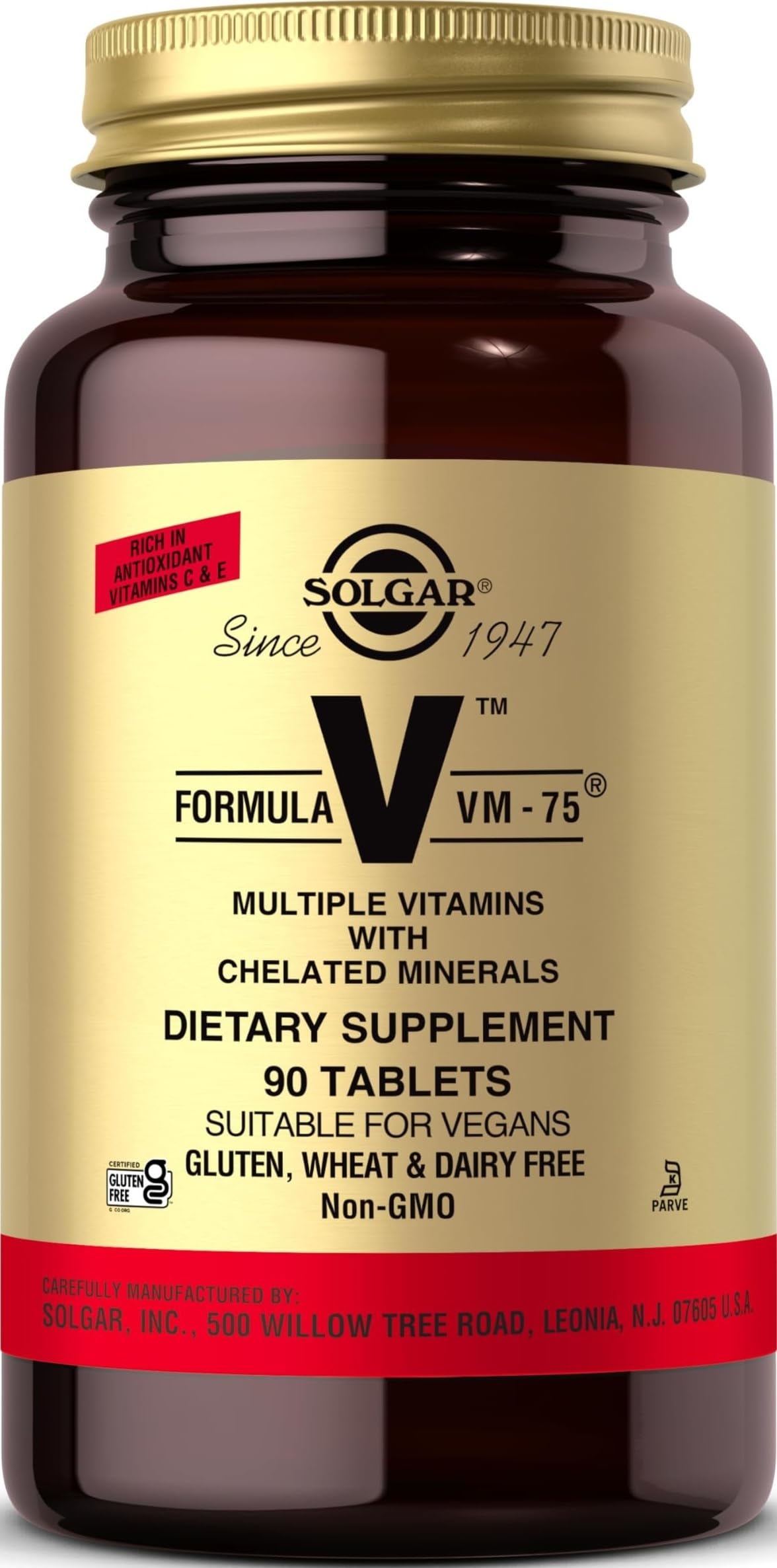 Solgar VM-75 vista frontal del envase mostrando 90 comprimidos y etiqueta clara