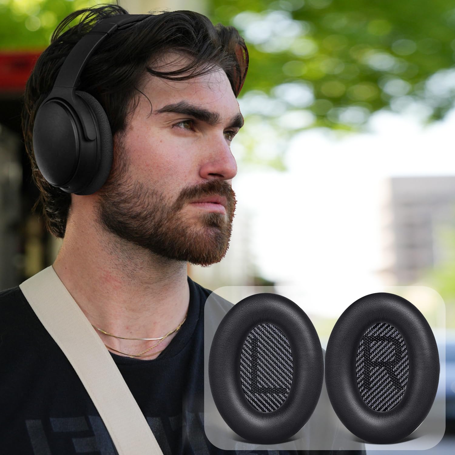 SoloWIT earpads montadas en auriculares Bose QC35 mejorando aislamiento