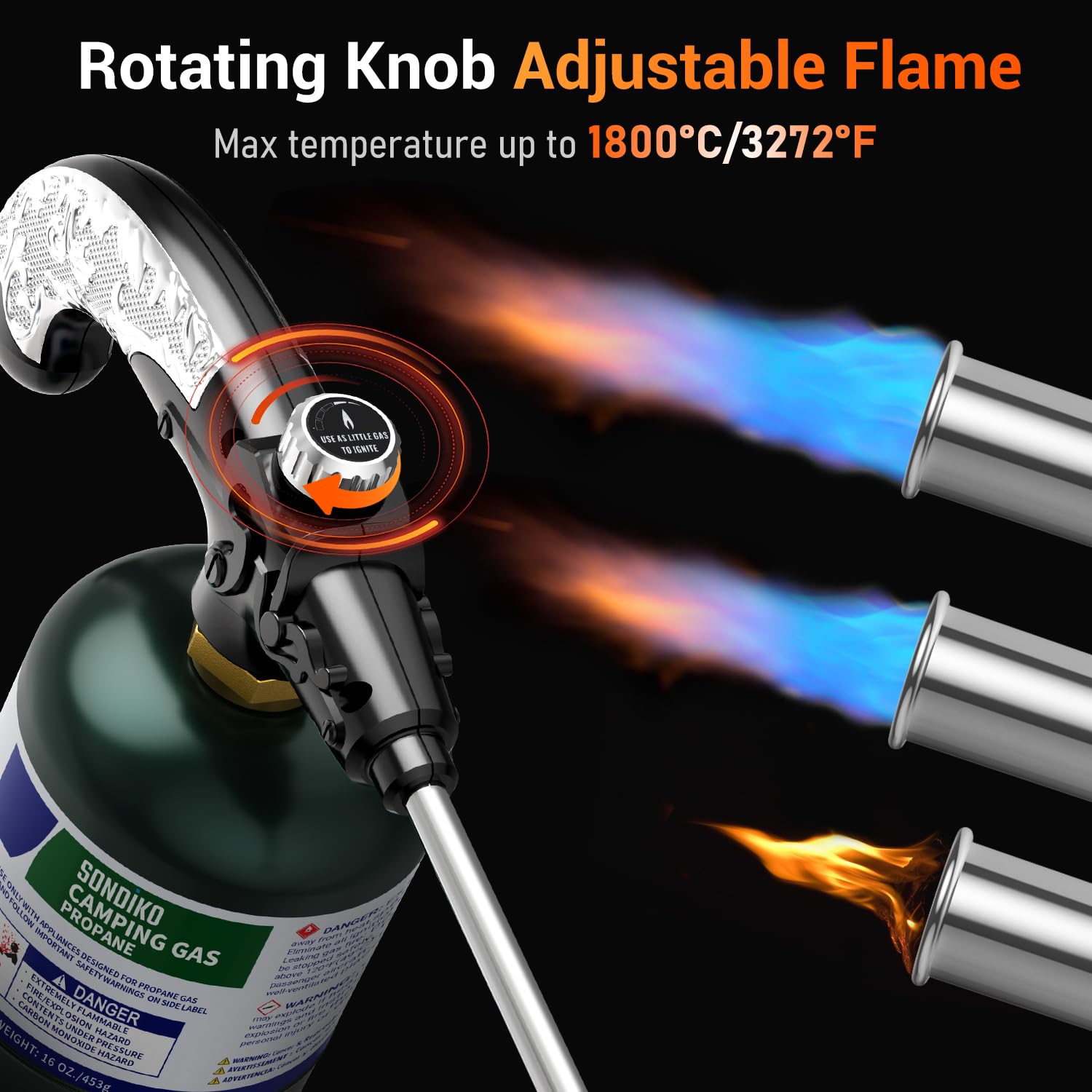 Sondiko flame outlet closeup highlighting wide nozzle for efficient coverage