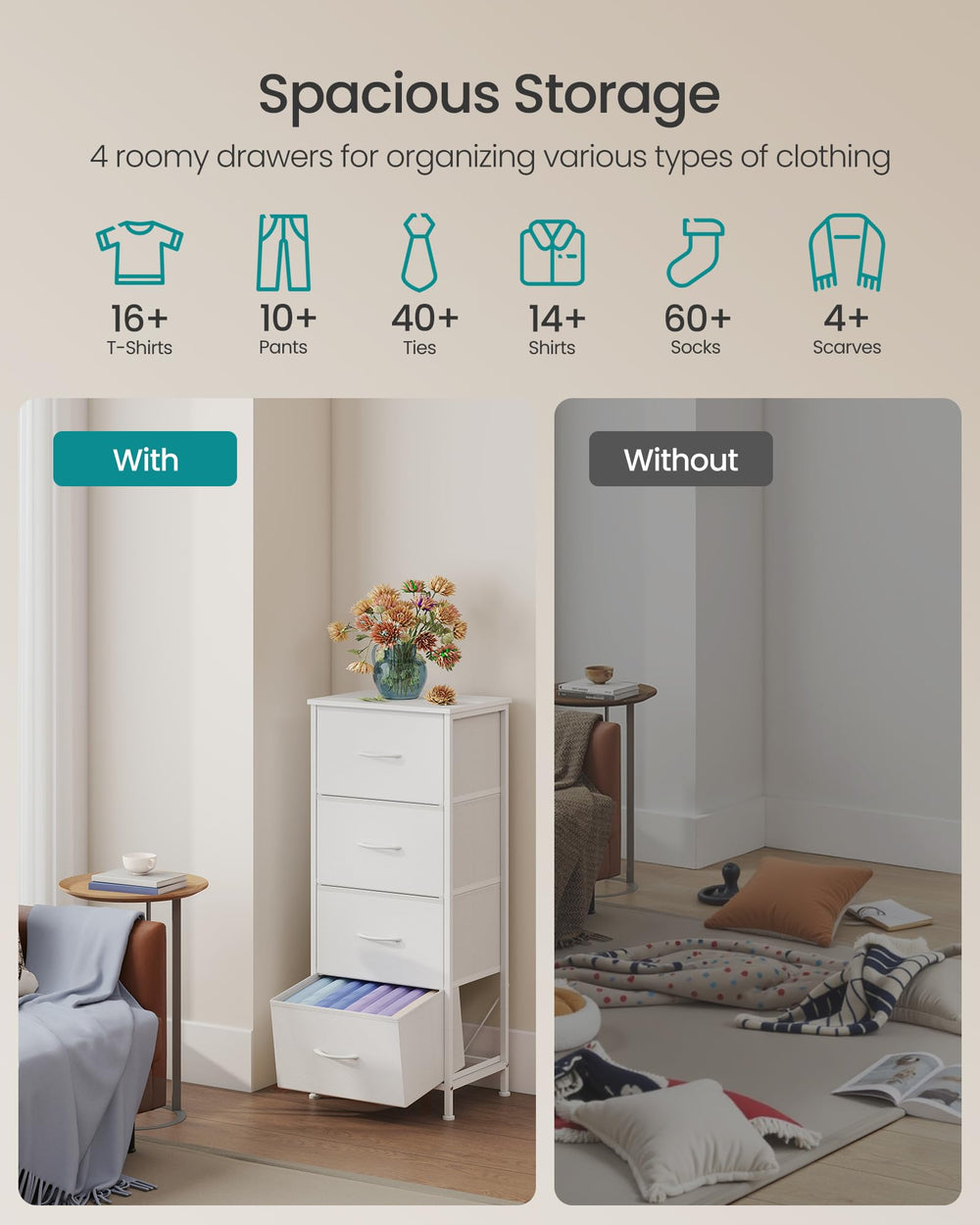SONGMICS cómoda BELLAH en dormitorio mostrando beneficio de ahorro de espacio