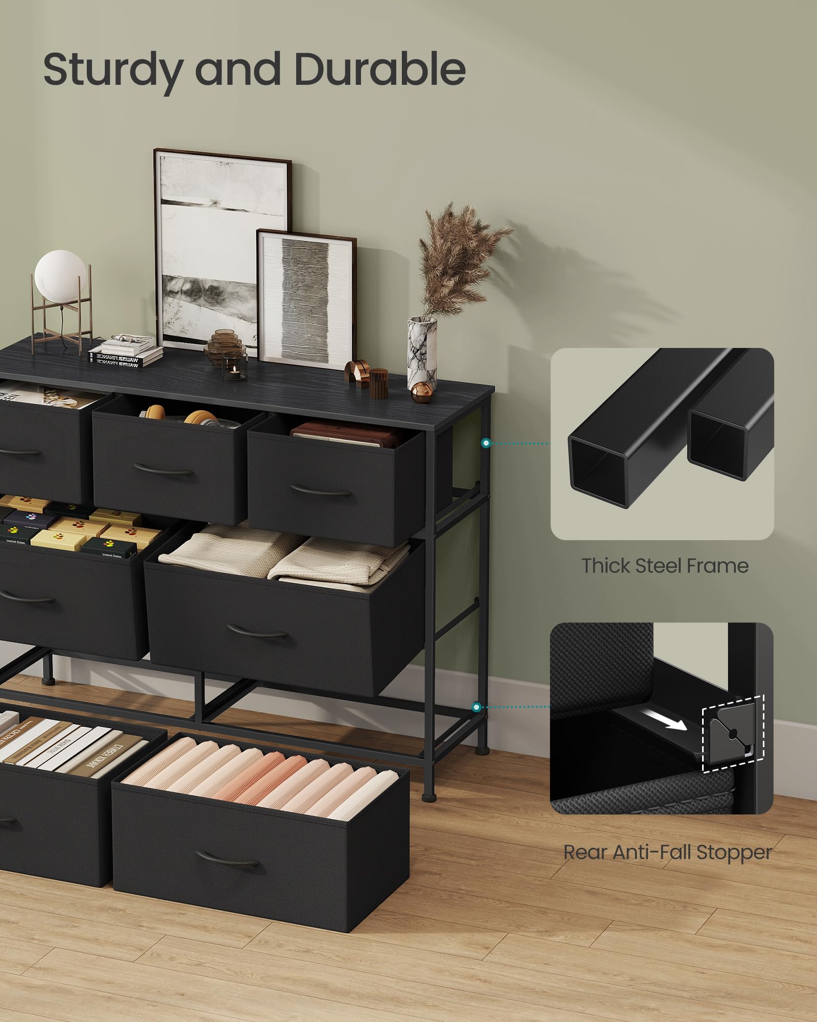SONGMICS detalle de materiales: acero, engineered wood y tejido no tejido con etiquetas
