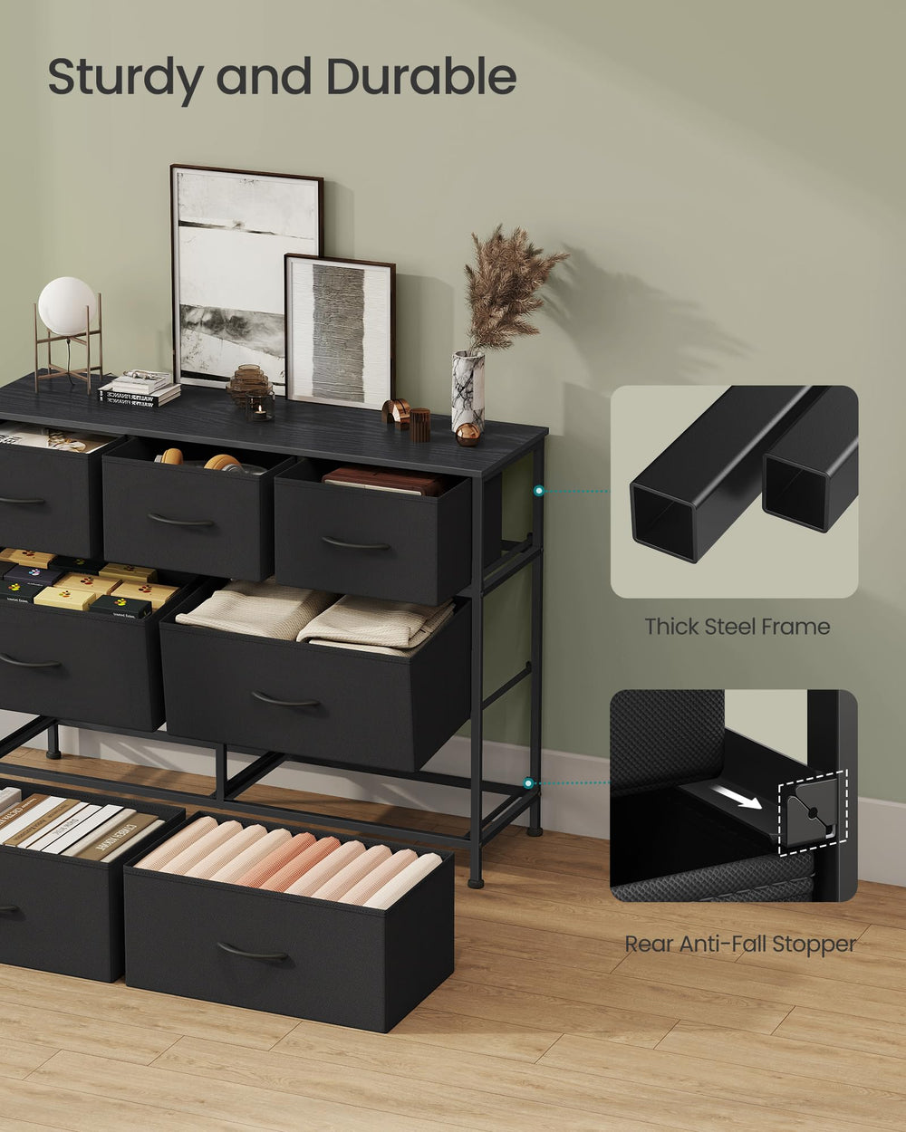 SONGMICS detalle de materiales: acero, engineered wood y tejido no tejido con etiquetas