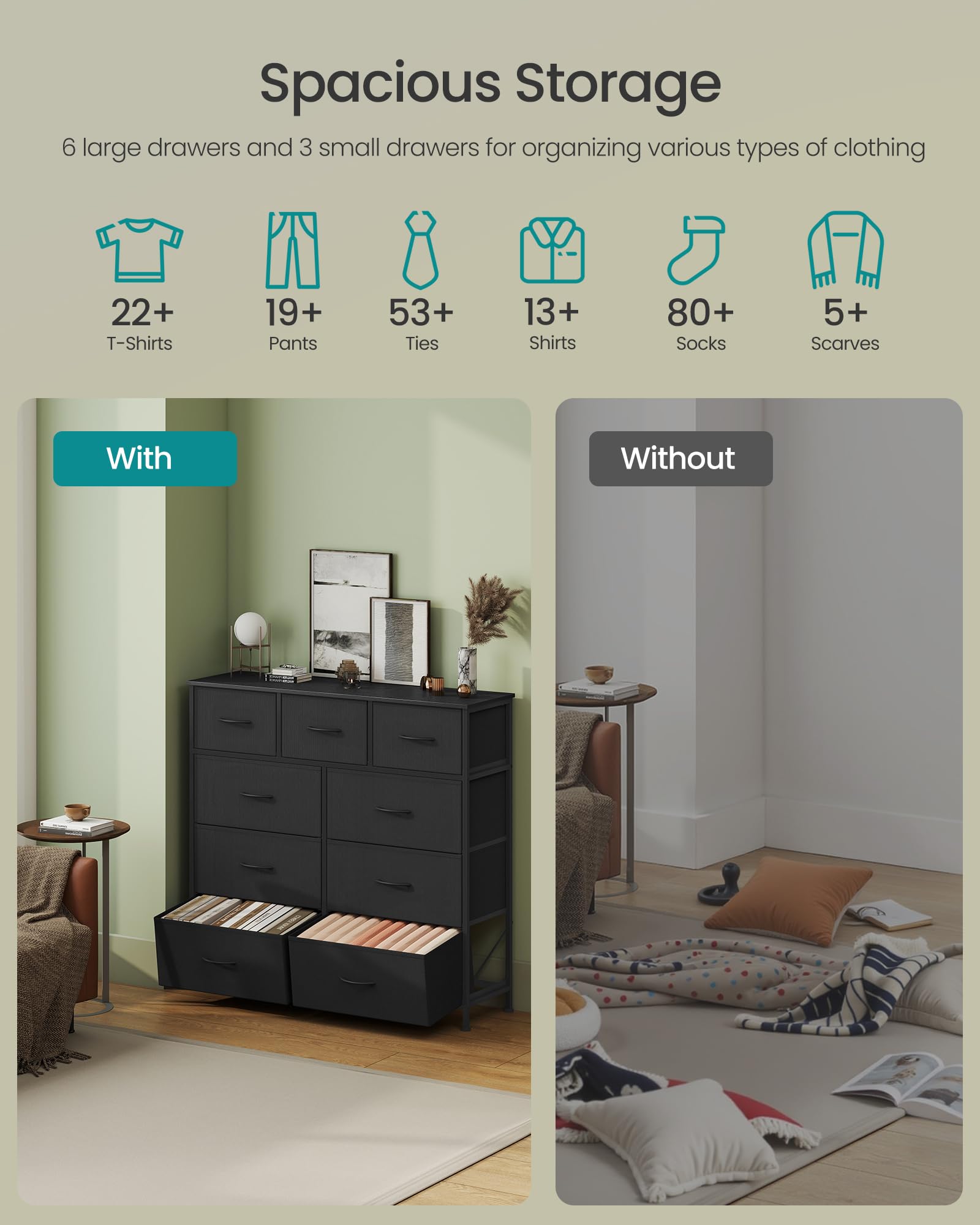 SONGMICS superficie superior con lámpara y decoración demostrando capacidad y estilo