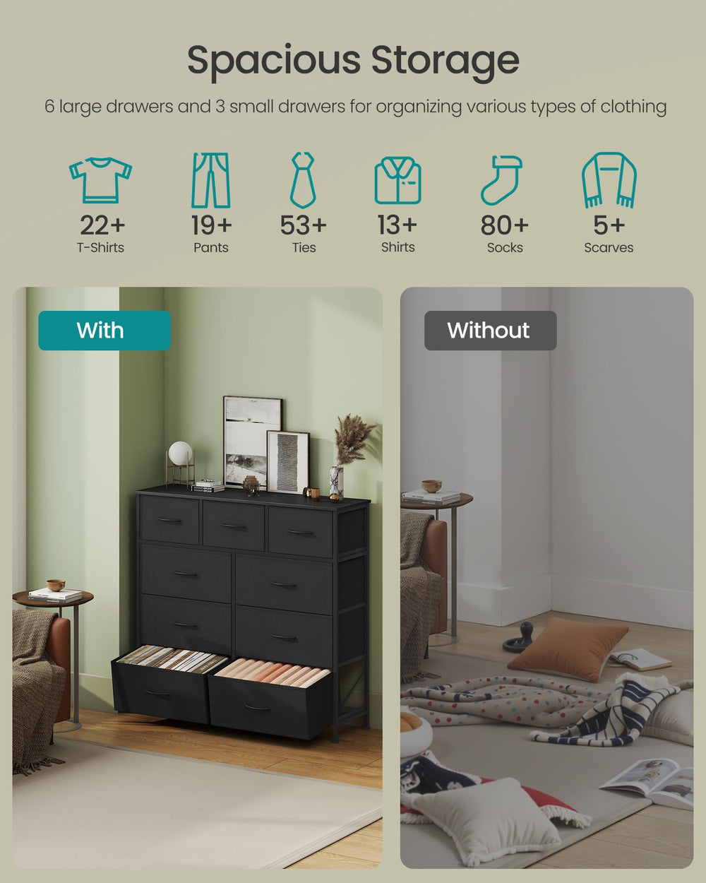 SONGMICS superficie superior con lámpara y decoración demostrando capacidad y estilo