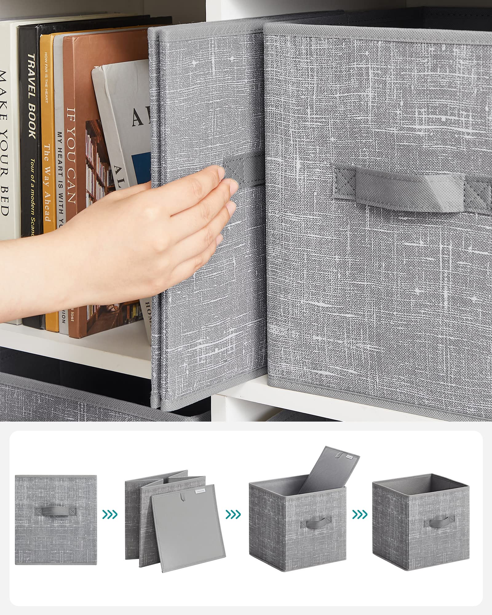 SONGMICS cubo junto a libros mostrando escala y capacidad de estantería