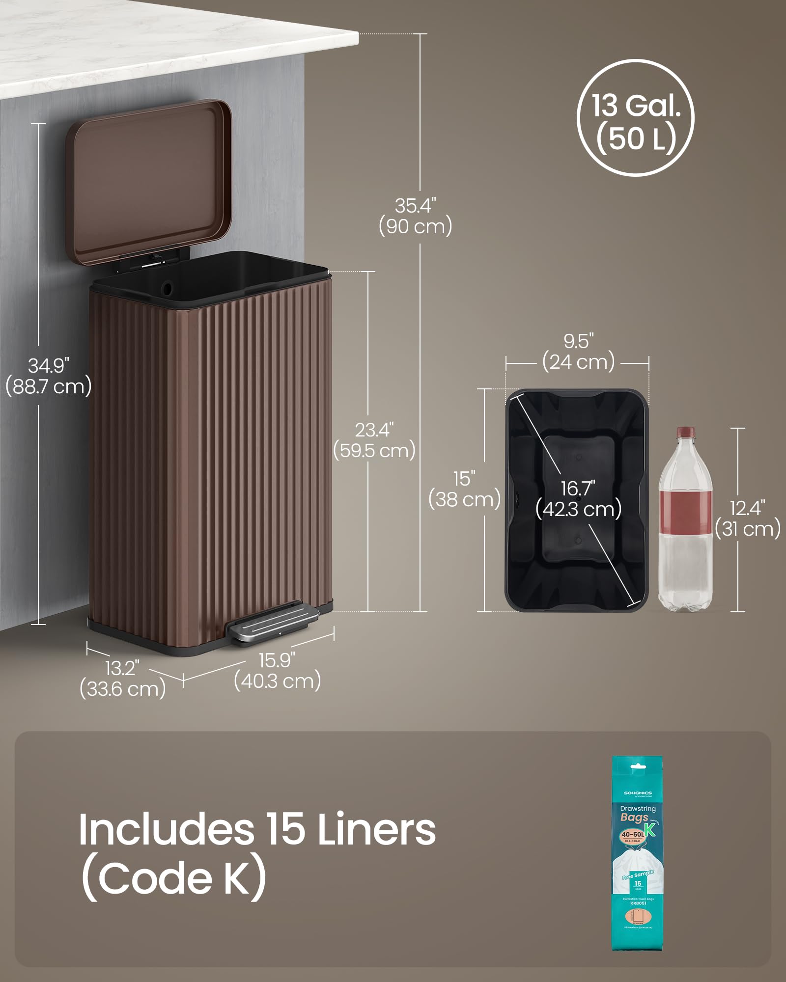 SONGMICS comparación de escala en cocina mostrando su capacidad 50 L