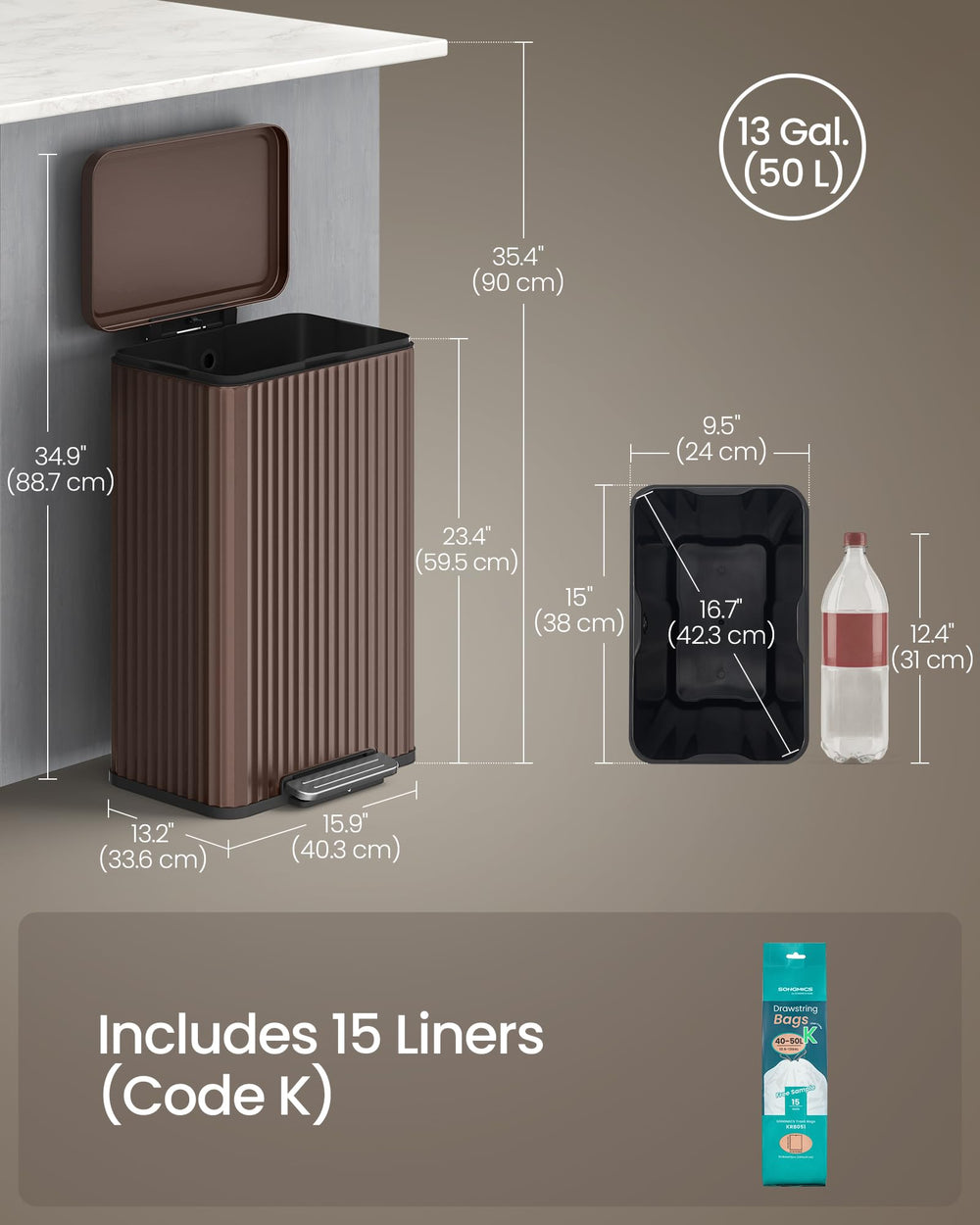 SONGMICS comparación de escala en cocina mostrando su capacidad 50 L