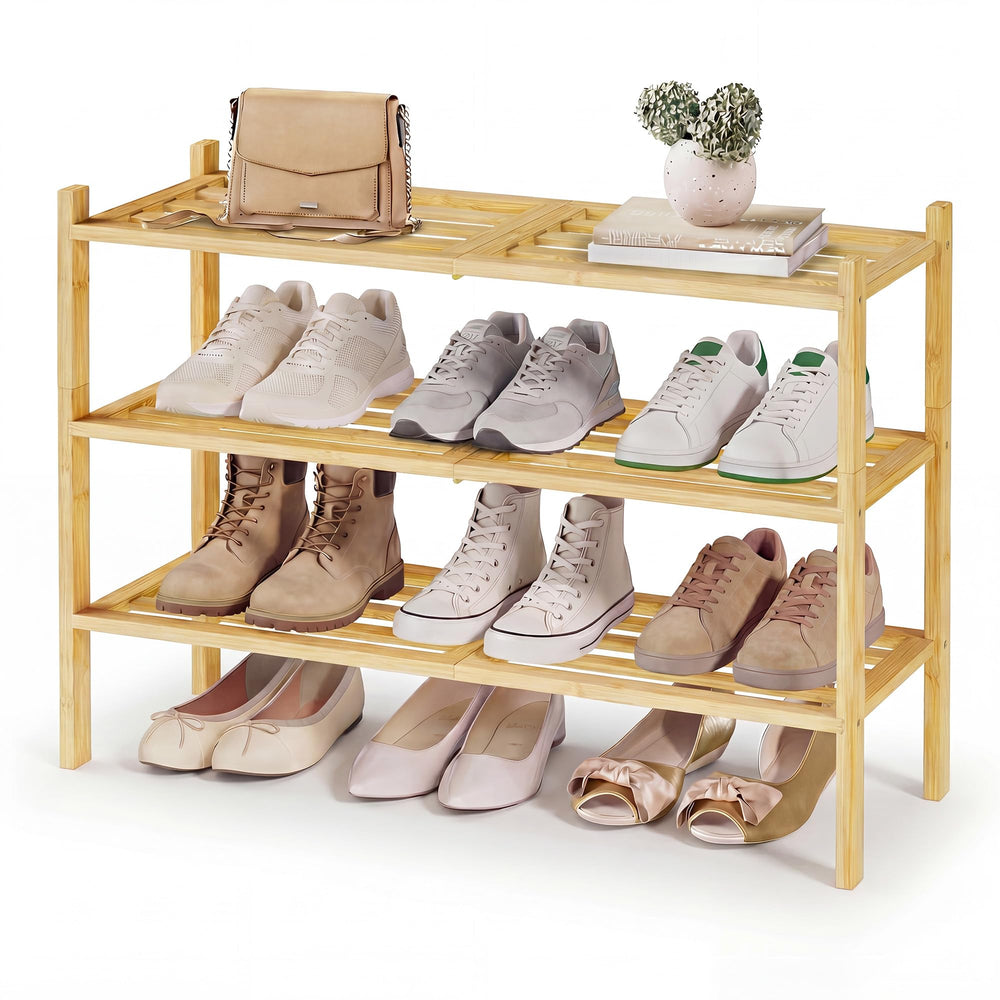 SONGMICS zapatero frontal mostrando tres niveles y orden