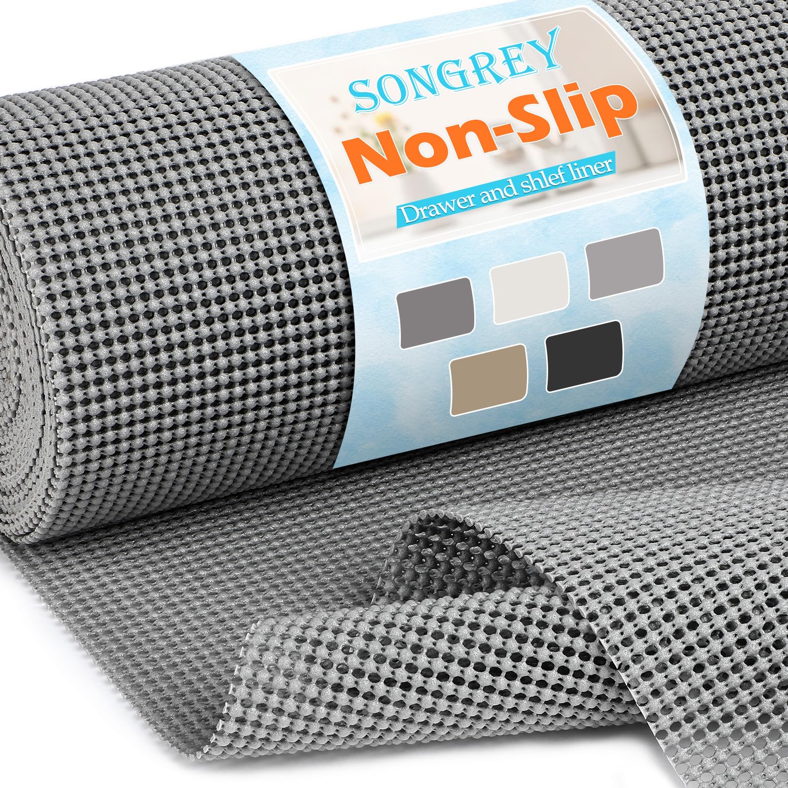 Songrey frente del empaque mostrando rollo gris oscuro y dimensiones claras