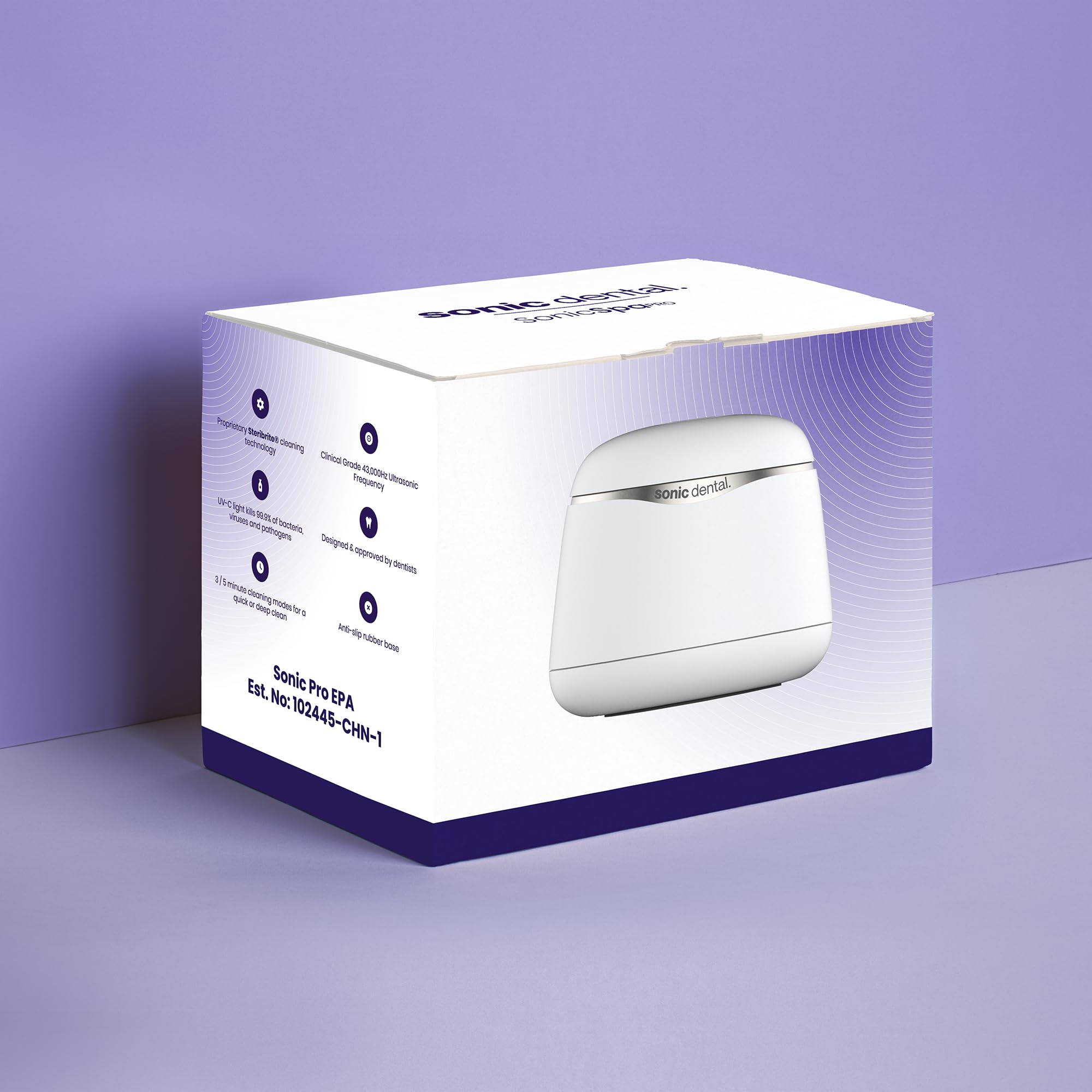 Sonic Dental on bathroom counter in lifestyle shot, professional clean at home