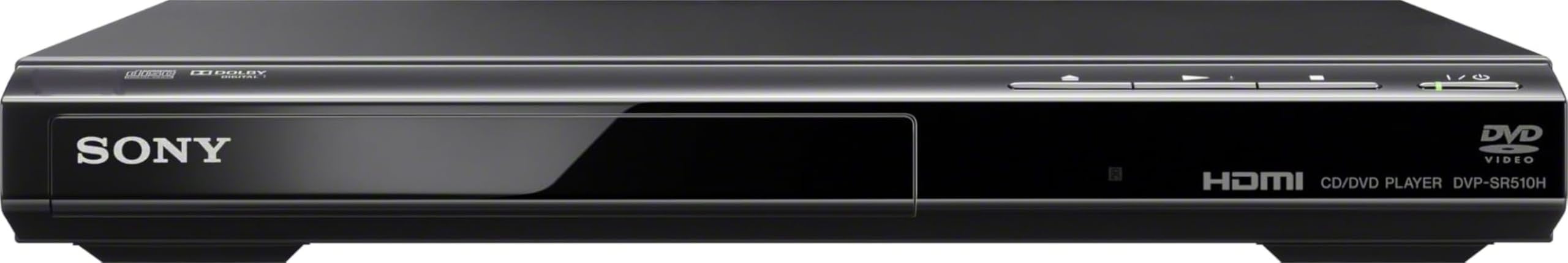 Sony DVPSR510H vista frontal con bandeja y controles, diseño delgado y uso sencillo