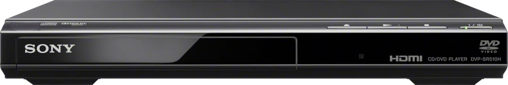 Sony DVPSR510H vista frontal con bandeja y controles, diseño delgado y uso sencillo