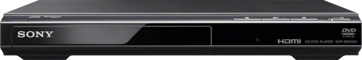 Sony DVPSR510H vista frontal con bandeja y controles, diseño delgado y uso sencillo