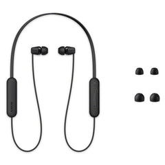 Primer plano de la banda y controles Sony WI-C100 para manejo fácil
