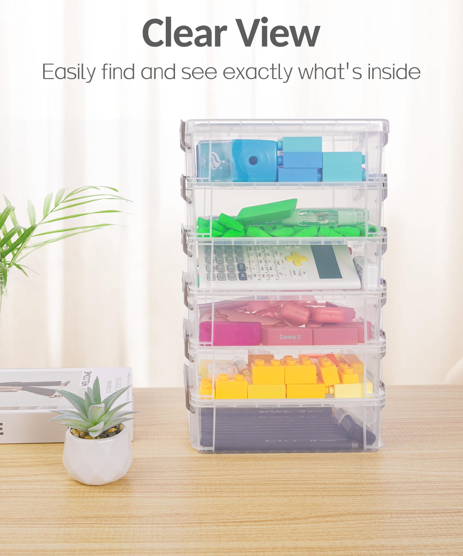 Sooez estuches apilados en escritorio para ahorro de espacio