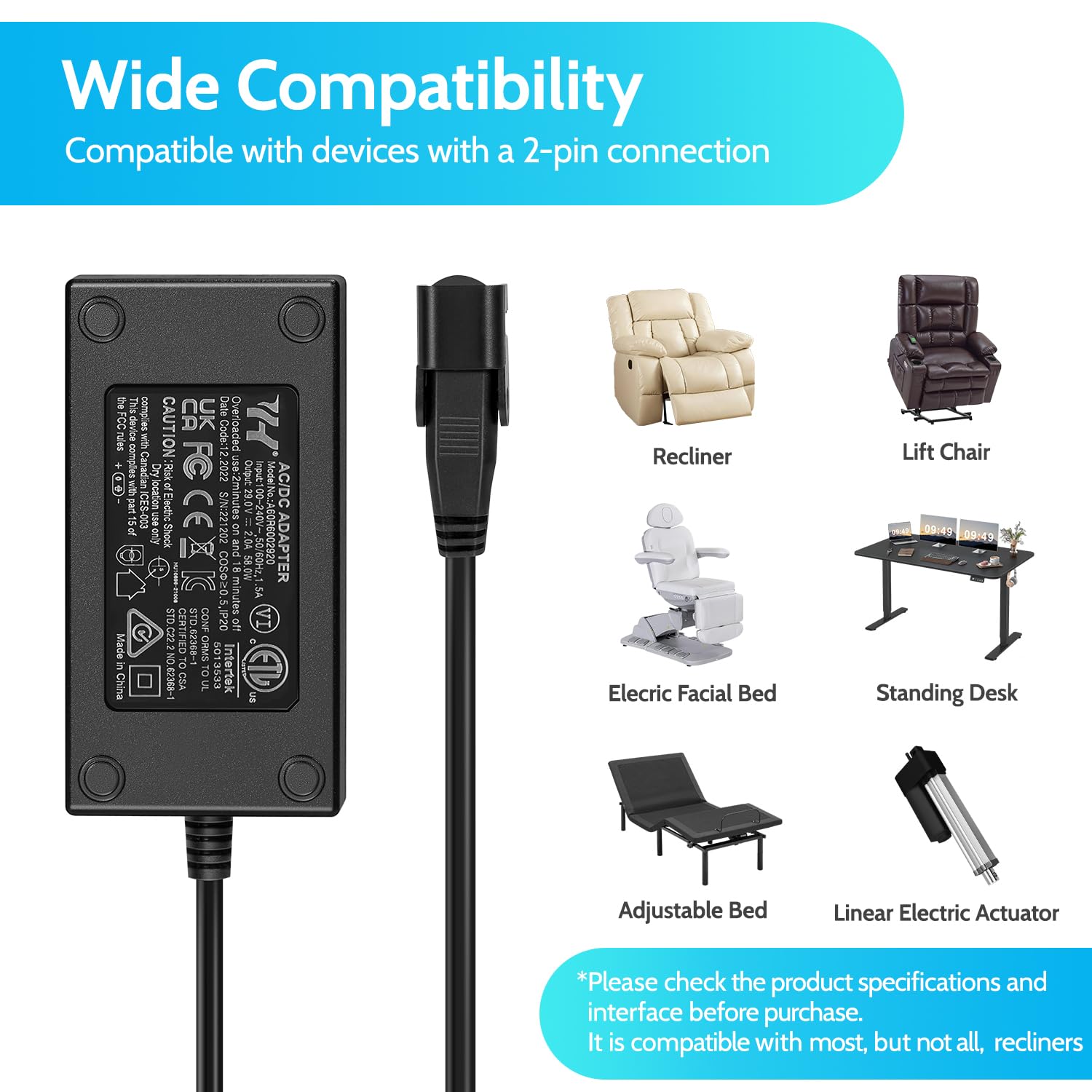 Sopito conector de 2 pines, compatible con recliners y estable